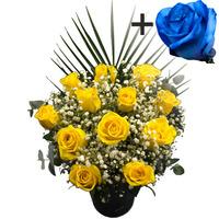 a single blue rose surrounded by 11 yellow roses