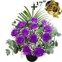 a single 17inch gold dipped rose surrounded by 11 purple roses