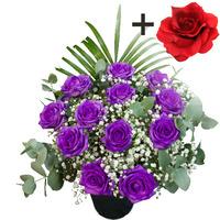 a single red silk rose surrounded by 11 purple roses