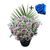 a single blue rose surrounded by 11 lilac roses