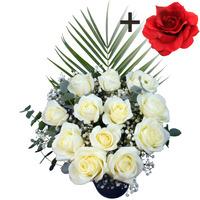 A single Red Silk Rose surrounded by 11 White Roses