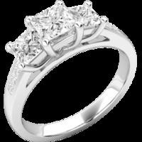 A stunning three stone Princess Cut diamond ring with shoulders stone in platinum (In stock)