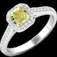 A stunning Cushion Cut Yellow Diamond halo style ring with shoulder stones in platinum (In stock)