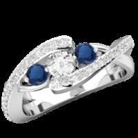 A beautiful diamond and sapphire three stone ring with shoulder stones in 18ct white gold (In stock)