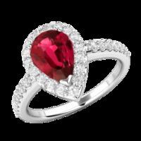 A stunning Pear Shaped Ruby and diamond cluster ring with shoulder stones in 18ct white gold (In stock)