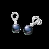 A stunning pair of 8mm Black Pearl and Round Brilliant Cut diamond drop earrings in 18ct white gold (In stock)