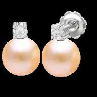 A beautiful pair of Light Peach 8mm Pearl and Round Brilliant Cut diamond earrings in 18ct white gold (In stock)