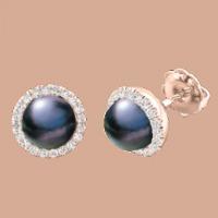 A beautiful pair of Black Pearl and Round Brilliant Cut diamond cluster earrings in 18ct rose gold (In stock)