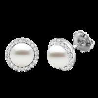 A timeless pair of White Pearl and Round Brilliant Cut diamond cluster earrings in 18ct white gold (In stock)