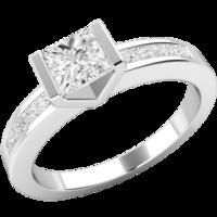 A unique Princess Cut diamond ring with shoulder stones in 18ct white gold (In stock)