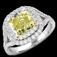 A sensational Yellow diamond double halo cluster with shoulder stones in platinum (In stock)