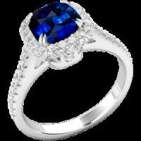 A stunning Cushion Cut Ceylon Sapphire and Diamond halo ring in 18ct white gold (In stock)