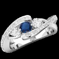 A beautiful sapphire and diamond three stone ring with shoulder stones in 18ct white gold (In stock)