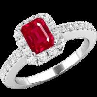 A luxurious Emerald Cut ruby & diamond ring with shoulder stones in 18ct white gold (In stock)