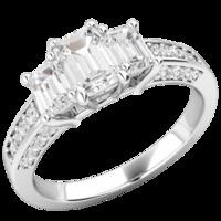 A classic Emerald Cut three stone diamond ring with shoulders in platinum (In stock)