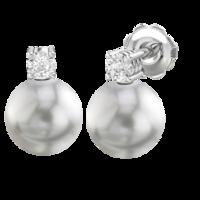 A beautiful pair of 8mm Dark Silver Pearl and Round Brilliant Cut diamond earrings in 18ct white gold (In stock)