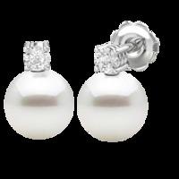 A timeless pair of White Pearl and Round Brilliant Cut diamond earrings in 18ct white gold (In stock)