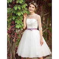 A-line Wedding Dress See-Through Tea-length Bateau Tulle with Appliques Sash / Ribbon