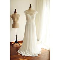 A-line Wedding Dress See-Through Court Train Scoop Chiffon Lace with Beading Bow Lace