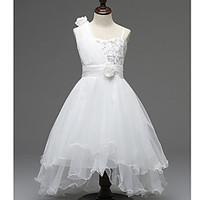 A-line Asymmetrical Flower Girl Dress - Tulle / Polyester Sleeveless One Shoulder with