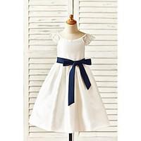 A-line Tea-length Flower Girl Dress - Taffeta Short Sleeve Scoop with