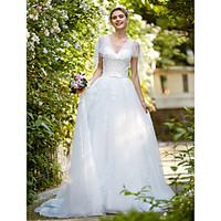 a line wedding dress vintage inspired sweep brush train v neck tulle w ...