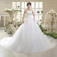 A-line Wedding Dress Vintage Inspired Cathedral Train Floor-length Strapless Tulle with Bow Sequin