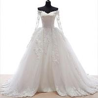 A-line Wedding Dress See-Through Court Train Off-the-shoulder Lace Tulle with Appliques