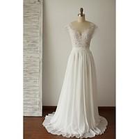 A-line Wedding Dress - Chic Modern Open Back See-Through Sweep / Brush Train Scoop Chiffon Lace with Appliques