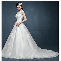 A-line Wedding Dress Vintage Inspired Court Train Scoop Tulle with Appliques Beading Crystal Sash / Ribbon