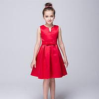 a line knee length flower girl dress stretch satin v neck with bows