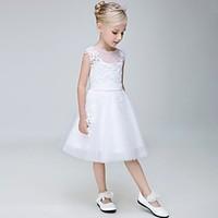 a line knee length flower girl dress tulle jewel with appliques