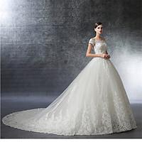 A-line Wedding Dress Floral Lace Cathedral Train Off-the-shoulder Satin Tulle with Ruffle Appliques Beading Crystal