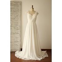 A-line Wedding Dress - Chic Modern See-Through Sweep / Brush Train V-neck Chiffon Lace with Beading Criss-Cross