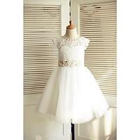 A-line Knee-length Flower Girl Dress - Lace / Satin / Tulle Sleeveless Scoop with