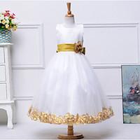 A-line Tea-length Flower Girl Dress - Cotton / Tulle / Polyester Sleeveless Jewel with