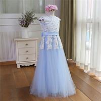 A-line Floor-length Flower Girl Dress - Tulle Short Sleeve Jewel with