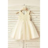 a line knee length flower girl dress satin tulle sleeveless v neck wit ...