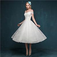 A-line Wedding Dress Little White Dress Tea-length Off-the-shoulder Lace with Appliques Beading Sequin