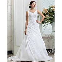 A-line Wedding Dress - Classic Timeless Glamorous Dramatic Simply Sublime Chapel Train V-neck Taffeta with Side-Draped