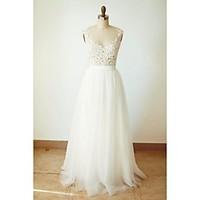 A-line Wedding Dress See-Through Floor-length V-neck Tulle with Appliques Button Sash / Ribbon