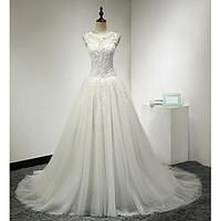 A-line Wedding Dress See-Through Court Train Jewel Lace Tulle with Appliques Button