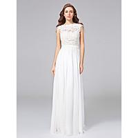 A-line Wedding Dress - Chic Modern Open Back See-Through Sweep / Brush Train Jewel Chiffon Lace with Bow Button Sash / Ribbon