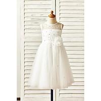 A-line Tea-length Flower Girl Dress - Tulle Jewel with Flower(s) Sash / Ribbon