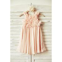 A-line Knee-length Flower Girl Dress - Chiffon Scoop with Flower(s)