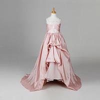 A-line / Ball Gown / Princess Floor-length / Court Train Flower Girl Dress - Taffeta Sleeveless Straps with Flower(s) / Ruching