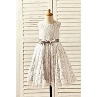 A-line Tea-length Flower Girl Dress - Lace / Satin Sleeveless Scoop with