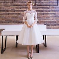 A-line Wedding Dress See-Through Tea-length Jewel Satin Tulle with Sash / Ribbon