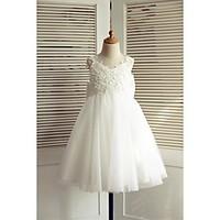 A-line Knee-length Flower Girl Dress - Lace / Tulle Sleeveless V-neck with