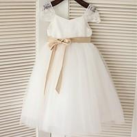 A-line Tea-length Flower Girl Dress - Lace / Tulle Short Sleeve Scoop with